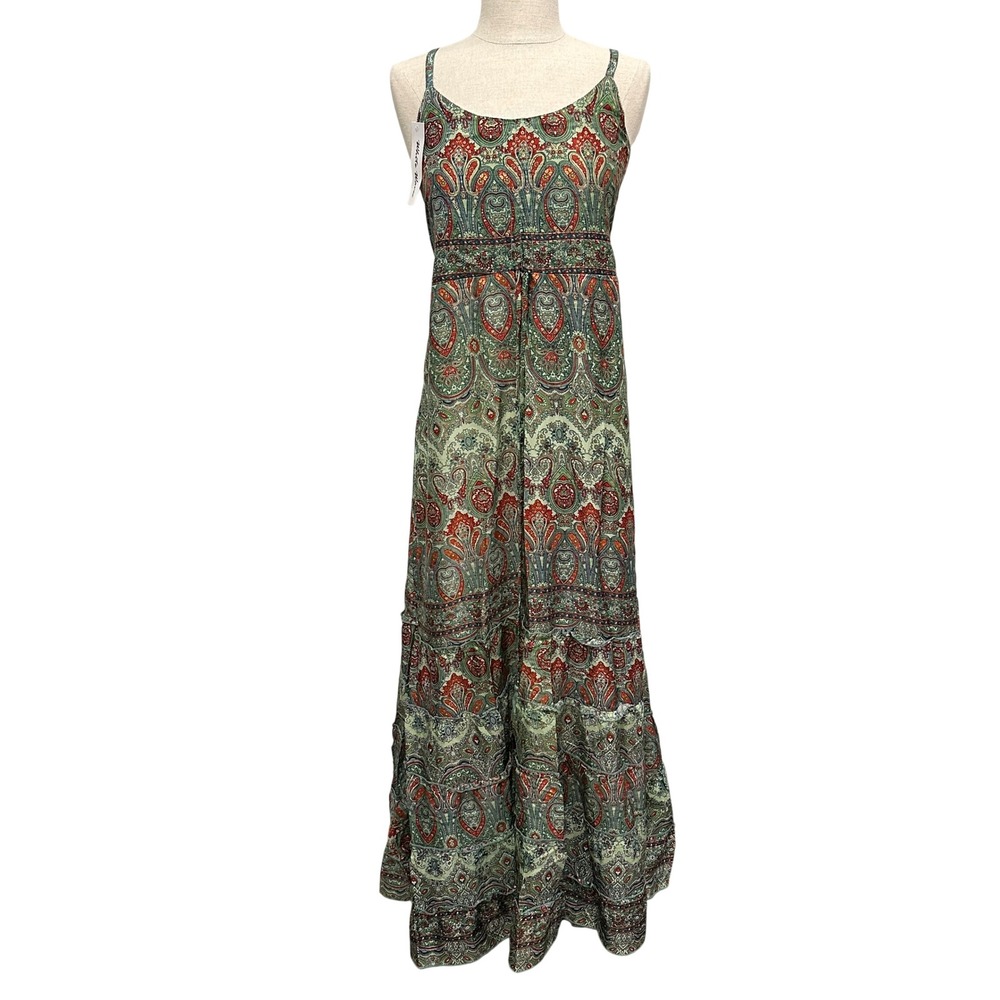 White Waves Green Paisley Silk Blend Tiered Maxi Dress Small Medium NWT